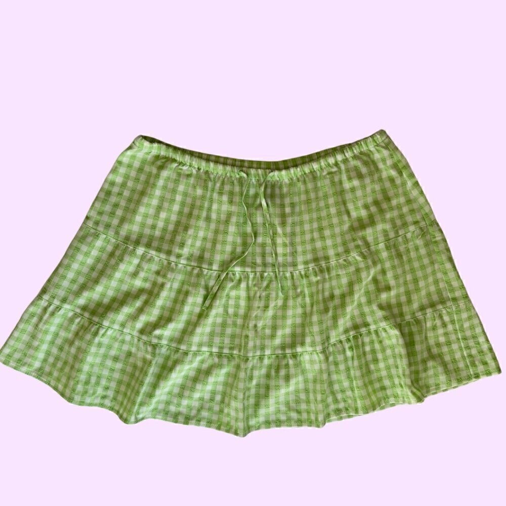 NWT H&M Green & White Gingham Picnic Drawstring Skirt